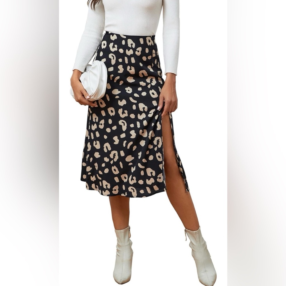 Black & Beige Leopard Print Silky Midi Skirt